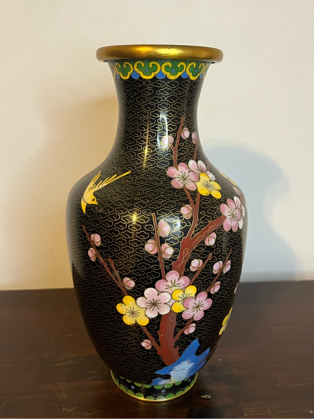 Vintage Chinese cloisonné vase bird flowers large 9"